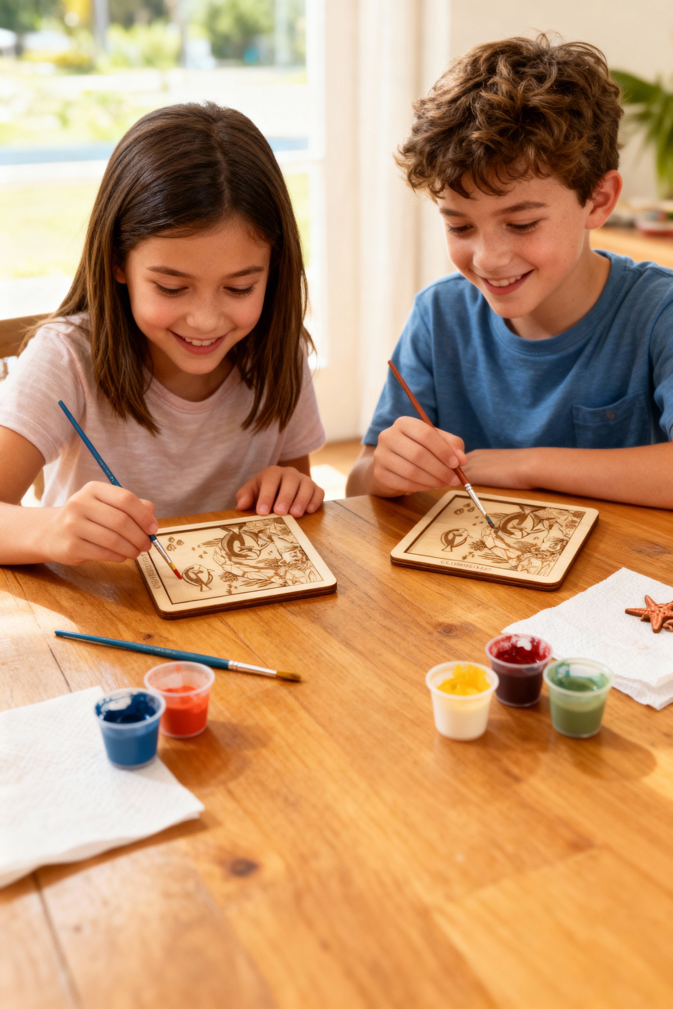 Children painting OceanWise wooden craft