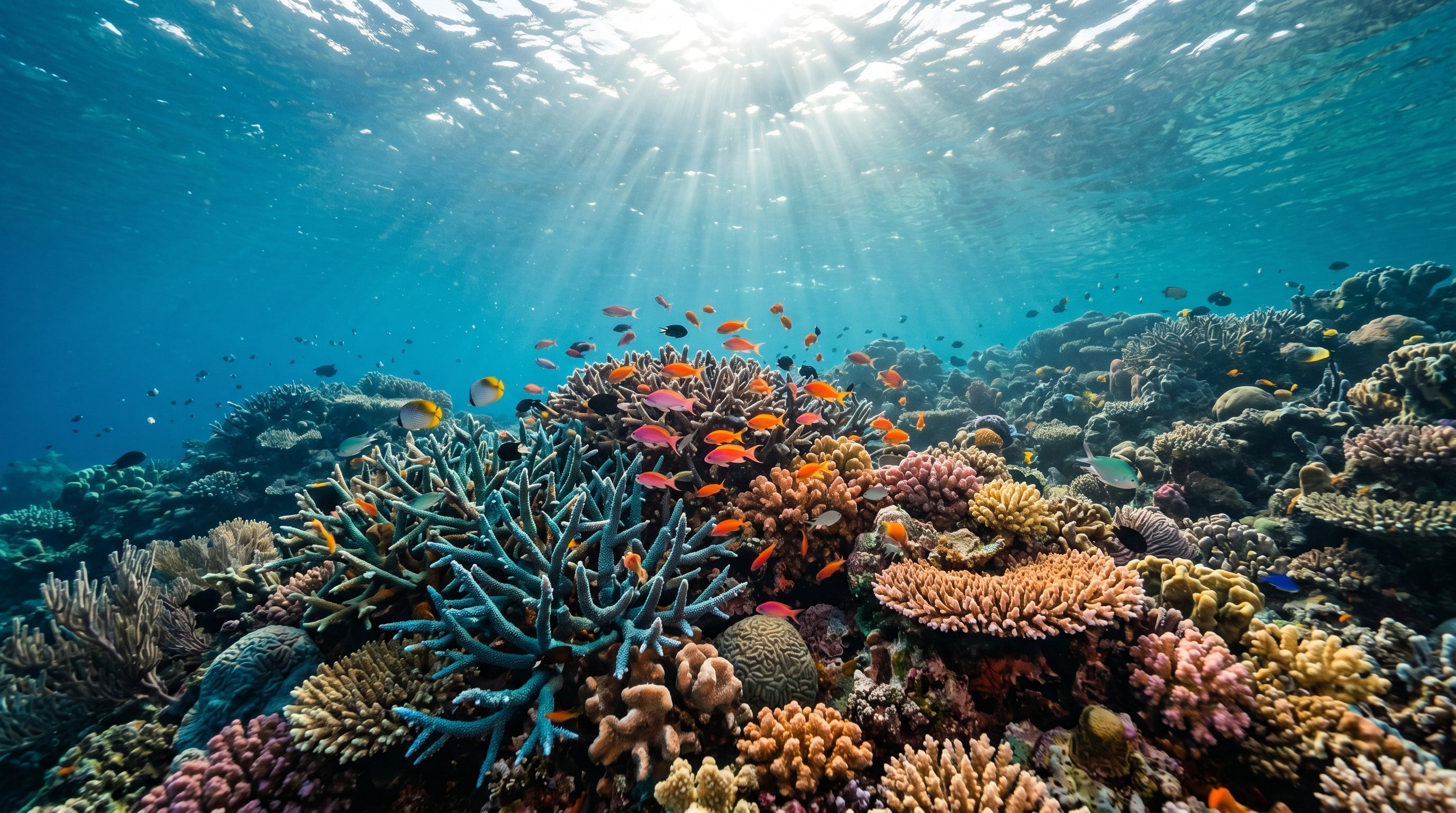 Healthy coral reef teeming with marine life
